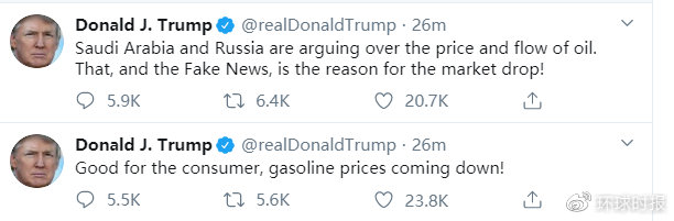 美股开市狂跌后 特朗普竟发这个帖子谈论新冠肺炎
