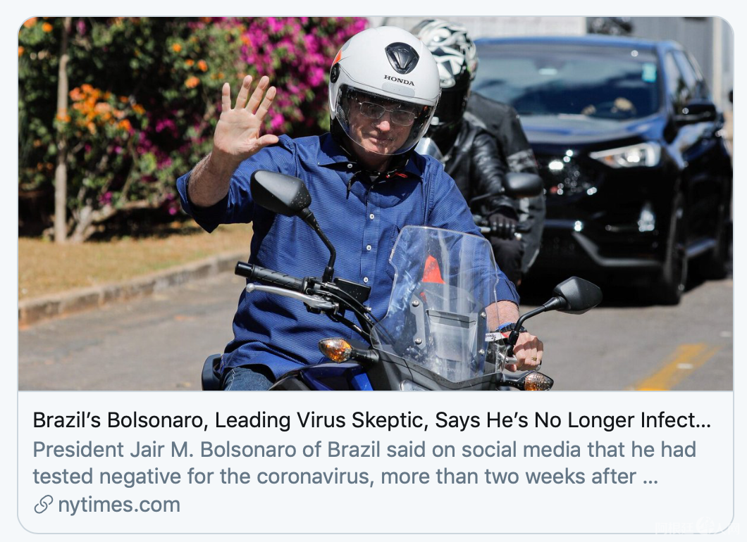 第四次检测终于阳转阴,巴西总统感染新冠的20天