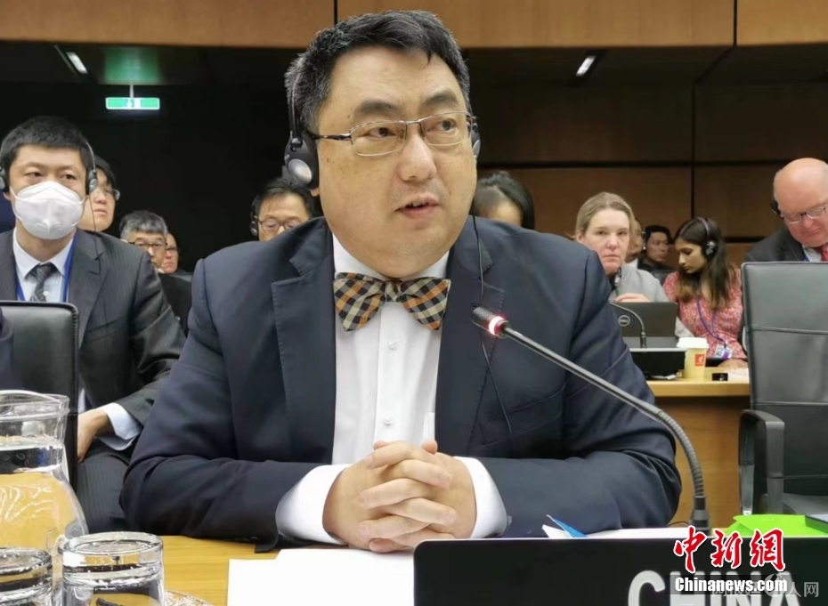 图为中国常驻维也纳联合国代表王群大使在会上发言。 中新社发 中国常驻维也纳联合国代表团 供图