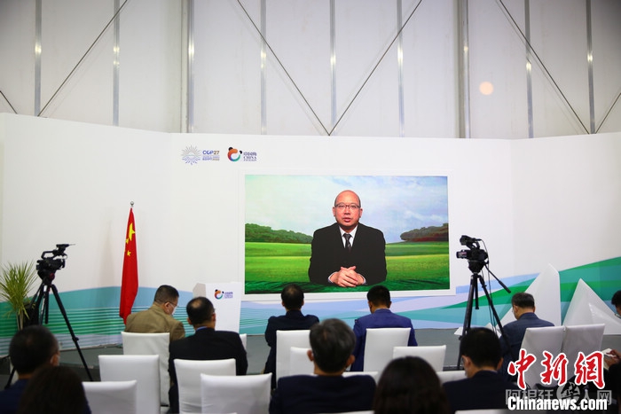 生态环境部宣教中心主任田成川作视频致辞。 中新网记者 陈天浩 摄