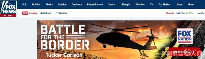 保守派美媒福克斯新闻网打出了“为边境而战”的标语,主持人是抨击过拜登的塔克·卡尔森。图片来源:福克斯新闻网页面截图 保守派美媒福克斯新闻网打出了“为边境而战”的标语,主持人是抨击过拜登的塔克·卡尔森。图片来源:福克斯新闻网页面截图