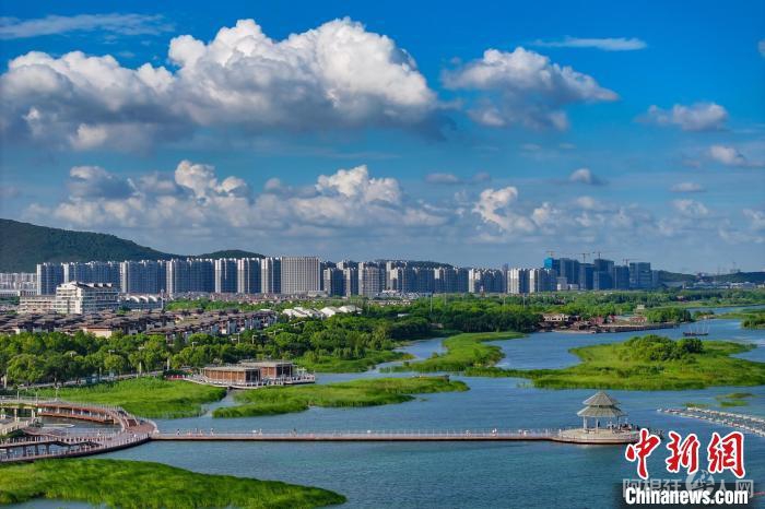 资料图：航拍苏州太湖湖滨国家湿地公园，蓝天碧水生态美。 泱波 摄
